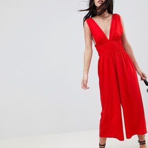 ASOS DESIGN red Ruched Waist Plunge Jumpsuit